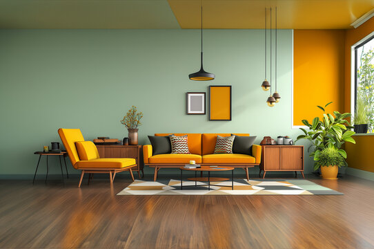salon tr&egrave;s color&eacute; dans les tons orange et vert amande, avec des meubles des ann&eacute;es 70s. sofa, coussins, lampes suspendues et 2 tableaux Mock-up