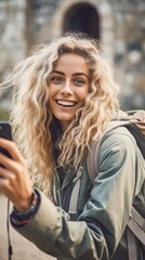 Naklejka premium Young woman with curly hair looking at her phone.