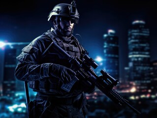 Soldier holding a rifle in front of a city at night.