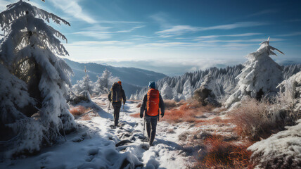 hiking in the mountains, forest. People on the top of snow covered mountain walking. Winter travel, vacation