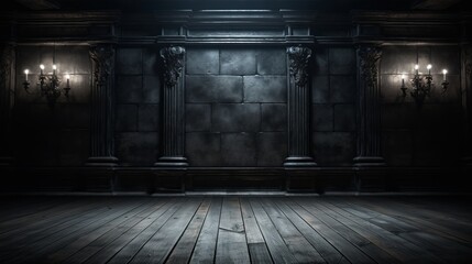 Eerie and atmospheric empty dark scene with an aged wooden floor as a background