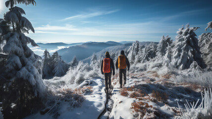 hiking in the mountains, forest. People on the top of snow covered mountain walking. Winter travel, vacation