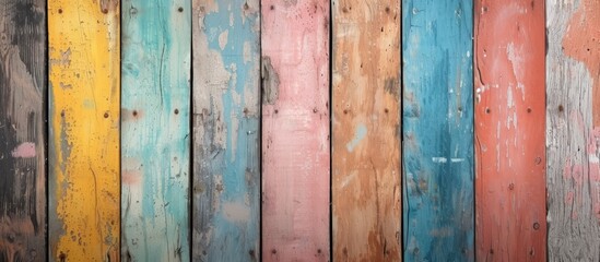 Colorful paint on aged wooden panels in the backdrop.