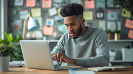 A man is working intently on a laptop at a well-lit desk office with various work-related items. - obrazy, fototapety, plakaty
