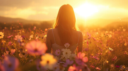 A woman stands in a field of wildflowers as the sun sets behind her creating a dreamy magical scene.