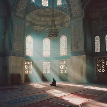 homme seul dans une mosqu&eacute;e au moment de la pri&egrave;re. La mosqu&eacute;e bleue laisse passer la lumi&egrave;re par les vitraux. Les tapis recouvrent le sol