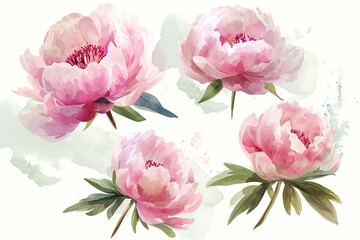 Fototapeta premium A set of watercolor floral elements. Peony flower and green leaves. Wedding concept flowers.