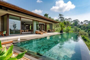 Luxury eco-style tropical villa with pool. Spacious terrace, panoramic windows, sunbeds, many plants, picturesque landscape. Contemporary eco-friendly architectural design for residential houses.