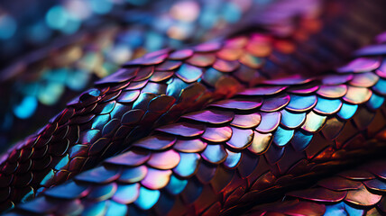 close up of a python snake texture. Rainbow glowing snake skin. Malagasy or Madagascar Tree Boa. Creative background.