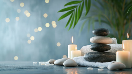 Obraz na płótnie Canvas Spa background with balance rocks, candles, towels. Relaxation, massage, beauty, meditation, feng shui concept banner with place for text