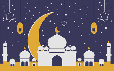mosque in the moonlight, sky with moon and stars, Eid Mubarak greeting card, Eid Mubarak, vector illustration, Ramzan Mubarak, Islamic, background