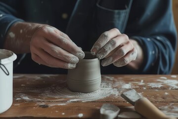 Fototapeta na wymiar Unrecognizable ceramist using clay and creating cup while sitting at table