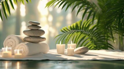 Fototapeta na wymiar Spa background with balance rocks, candles, towels. Relaxation, massage, beauty, meditation, feng shui concept banner with place for text