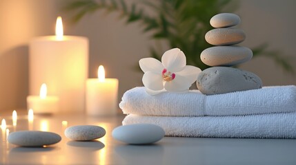 Obraz na płótnie Canvas Spa background with balance rocks, candles, towels. Relaxation, massage, beauty, meditation, feng shui concept banner with place for text