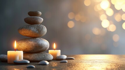 Spa background with balance rocks, candles. Relaxation, massage, beauty, meditation, feng shui concept banner with place for text