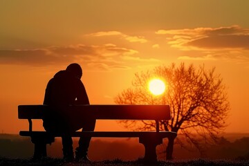 silhouette sad man sit on bench At Sunset - obrazy, fototapety, plakaty