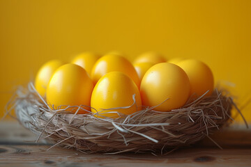Easter eggs in a bird's nest on a golden background
