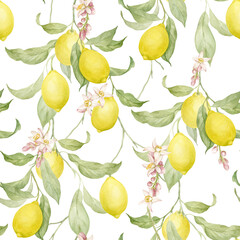 Seamless pattern of lemons. Lemon tree branches, lemon fruits and flowers in a beautiful pattern for your projects