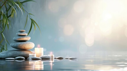 Spa background with balance rocks, candles. Relaxation, massage, beauty, meditation, feng shui concept banner with place for text - obrazy, fototapety, plakaty