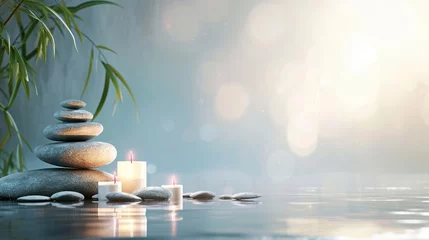 Papier Peint Lavable Spa Spa background with balance rocks, candles. Relaxation, massage, beauty, meditation, feng shui concept banner with place for text