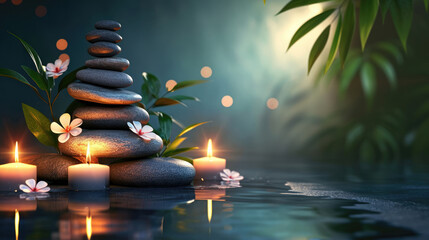 Spa background with balance rocks, candles. Relaxation, massage, beauty, meditation, feng shui concept banner with place for text - obrazy, fototapety, plakaty