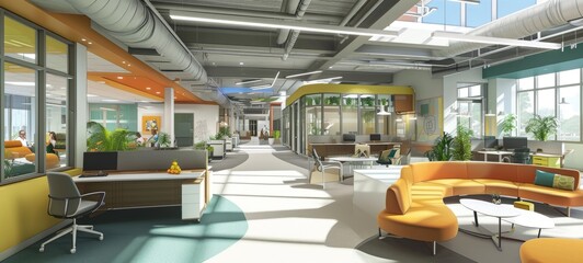 Interior of modern bright minimalist office space. Workspaces with desktop computers and office supplies, chillout area with stylish sofa, indoor plants, large panoramic windows.