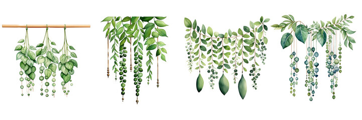 set of a illustration of  wooden beads, green leaves, wall hanging, white  on a transparent backgrounds - obrazy, fototapety, plakaty