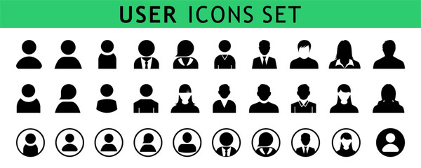 User people icons. Male and female avatar profile sign, face silhouette logo 