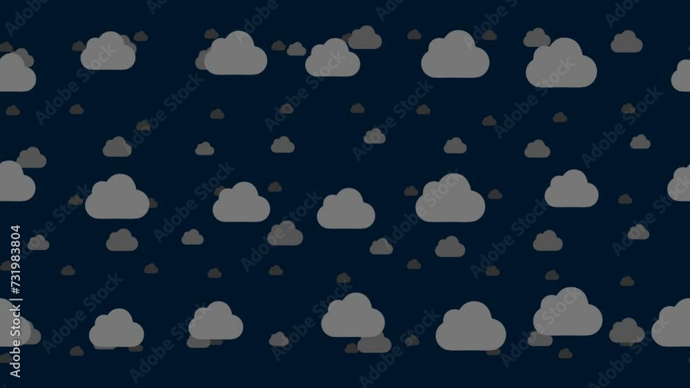 Poster cloud symbols float horizontally from left to right. parallax fly effect. floating symbols are locat