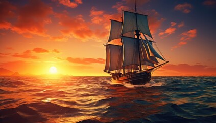 Sailing ship in the sea at sunset. 3D illustration.