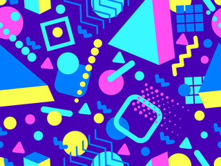 3D geometric seamless pattern in 80s style. 3d isometric triangles, zigzags and circles. Geometric memphis style. Design for promotional products, wrapping paper and printing. Vector illustration