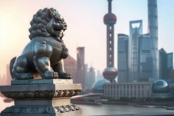 Foo Dog Lion Chinese Temple guardian statue with skyscrapers of Shanghai copy space for text