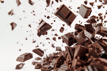 Flying chocolate pieces, dark brown chocolate fragments isolated on white background