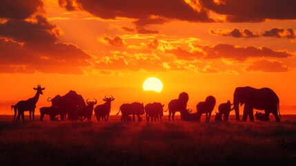 Group of safari African animals elephants, rhino, buffalo, giraffe, lion, elephant, leopard, hyena, zebra, wildebeest and others stand together in savanna grassland with background of sunset sky