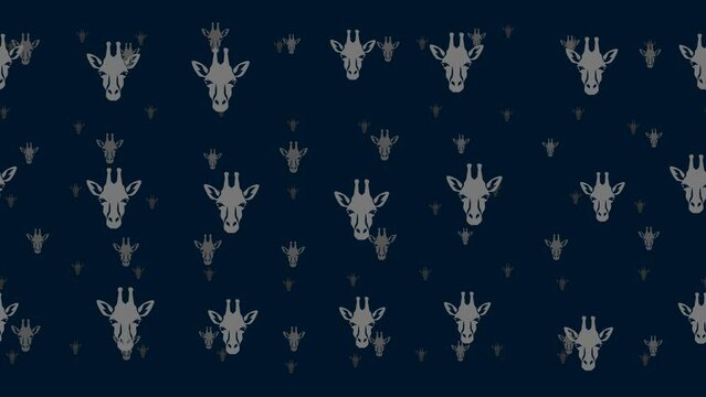 Giraffe head symbols float horizontally from left to right. Parallax fly effect. Floating symbols are located randomly. Seamless looped 4k animation on dark blue background