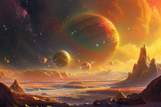 fantasy planets align to form one giant vibrant grand landscape