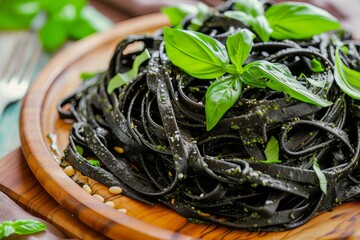 close-up of black squid ink pasta adorned with basil pesto and fresh basil leaves - obrazy, fototapety, plakaty