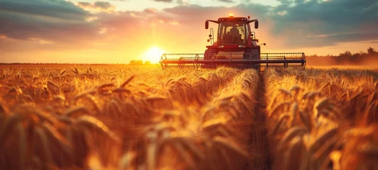 Poster Front view of modern automated combine harvesting wheat ears on a beautiful summer evening. Grain harvester in a vast golden wheat field. Blue cloudy sky with setting sun in the background. © Fat Bee