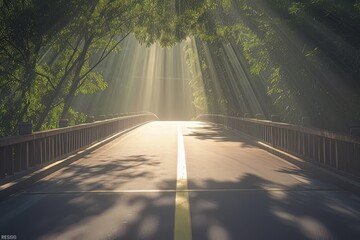 Bridge Sun Beams, Sun beams shinning onto a treelined bridge