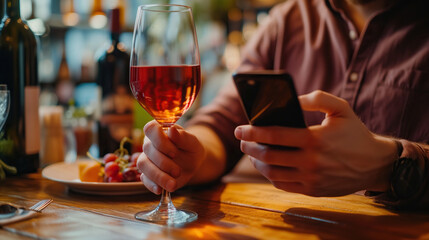 Male hands holding a phone and a glass of wine at the bar, restaurant on the dining table.