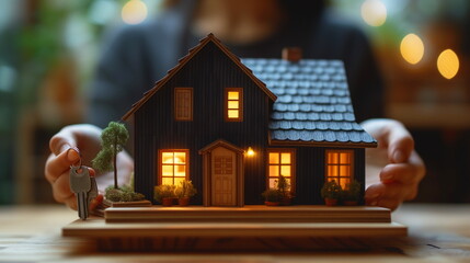 miniature house model is illuminated, with a hand holding keys in the foreground