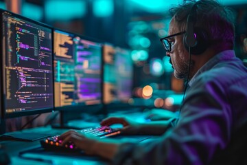 Side view of young male programmer sitting in a dimly lit office in front of computer monitors. Skilled developer or system administrator at work. Cabinets with computer servers in the background.
