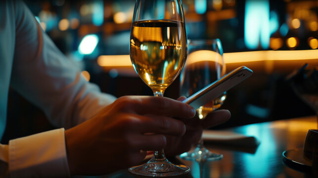 Male hands holding a phone and a glass of wine at the bar, restaurant on the dining table.
