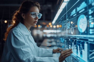 Female software engineer working in a modern monitoring office with live analysis feed with charts on a big digital screen. Monitoring room, big data scientist sits in front of computer monitors.