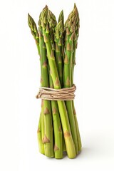 Asparagus bound together by a band on white background