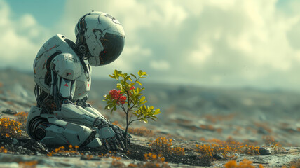 Robot acts like a human trying to plant trees There is only one tree left. The background is a barren land.generative ai - obrazy, fototapety, plakaty