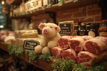 Meat cuts arranged with a plush pig in a quaint butcher shop