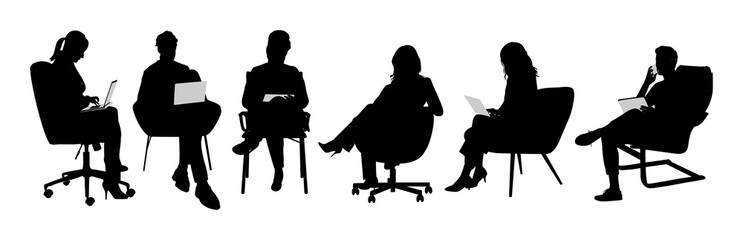 Silhouettes of business people sitting, men and women sit on armchair, office chair with laptop, tablet, front, side view. Vector illustration isolated black on white background. Icons set, bundle.