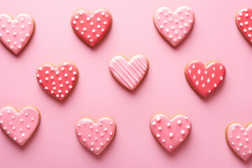 Fototapeta premium Valentine day homemade glazed heart shaped cookies on pink background. Top view. Festive abstract pattern.