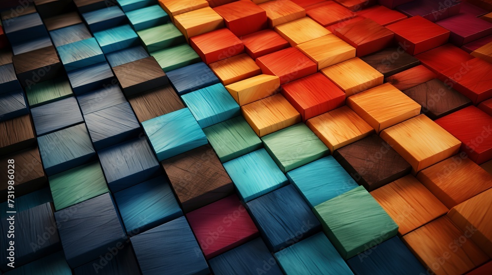 Aufkleber abstract 3d style background with colorful wooden blocks aligned in vibrant composition